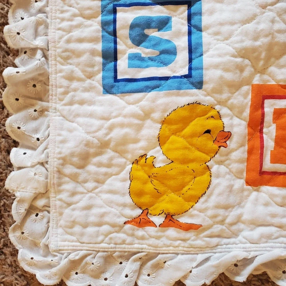 Daisy Kingdom teddy bear jack-in-the-box baby quilt Letter Blocks Hearts